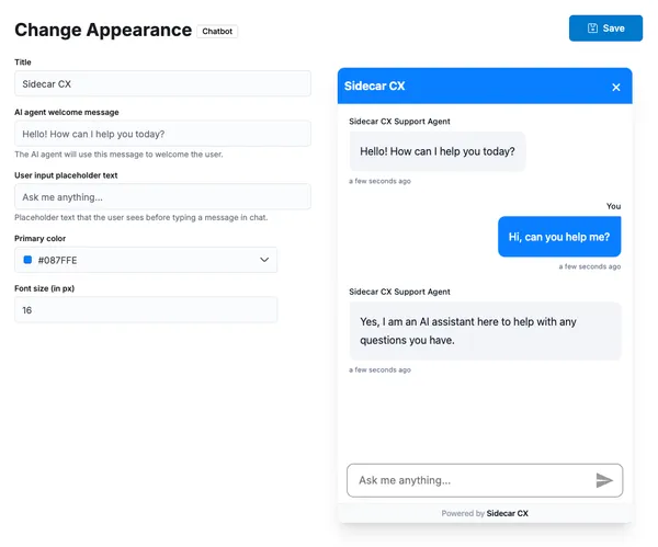 Change AI Agent Chatbot Appearance Image of the form to update the AI Agent chatbot appearance.