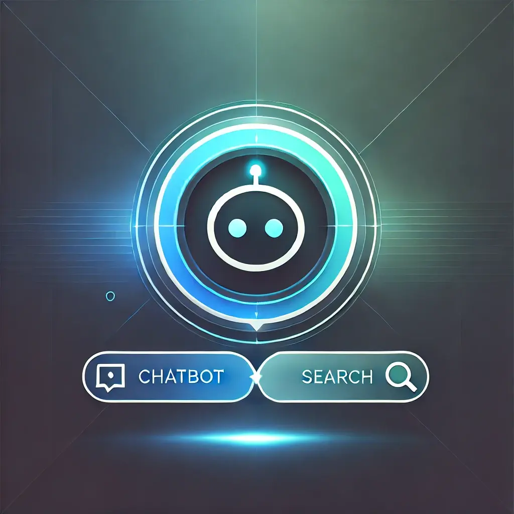 Minimalistic digital interface showcasing AI-powered interactions, featuring a chatbot icon on the left and an AI search bar on the right, with a sleek blue-to-teal gradient background.