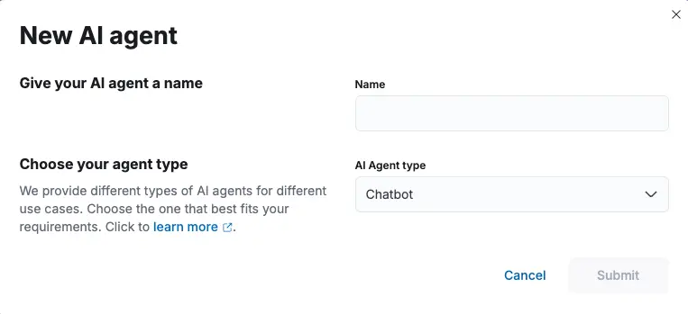 Image of the modal form to add new AI Agents.